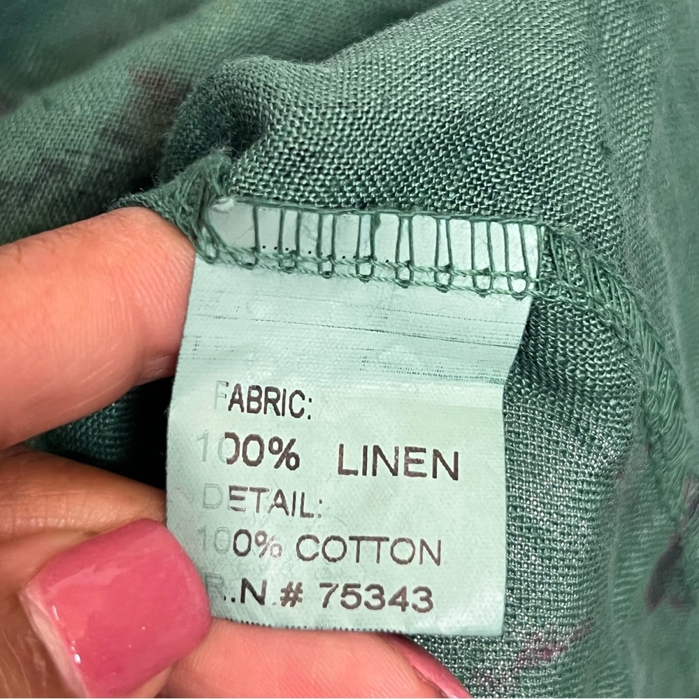 Bellambia 100% Pure Linen Green Floral Halter A-Line Dress Medium - Picture 8 of 11